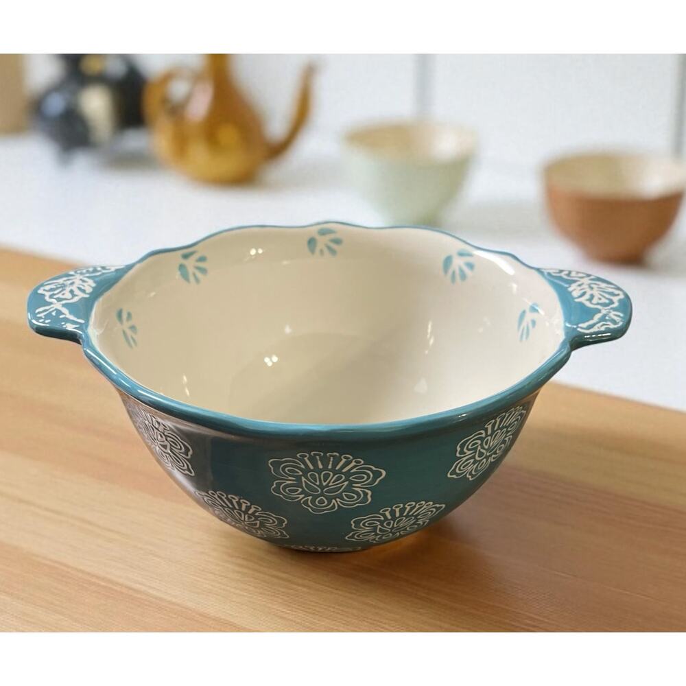 Blue White Mixing Bowl Floral Lace Design Temptations ? Ceramic Kitchenwear 9"W
